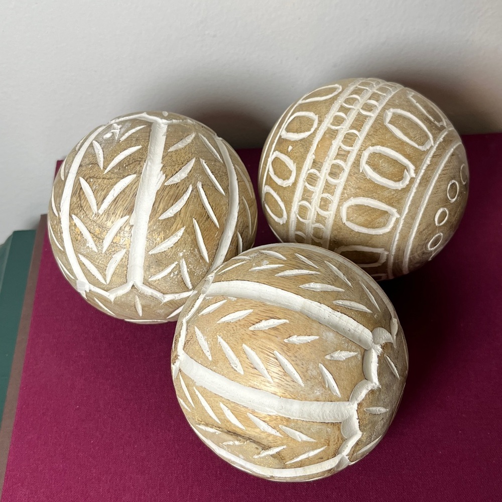 Cream Mango Wood Hand Carved Boho Chic Set 3 Decorative Balls Coastal‎ Grandma